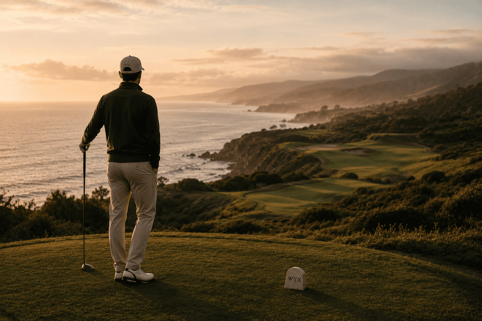 Golfer reading wind over a coastal fairway