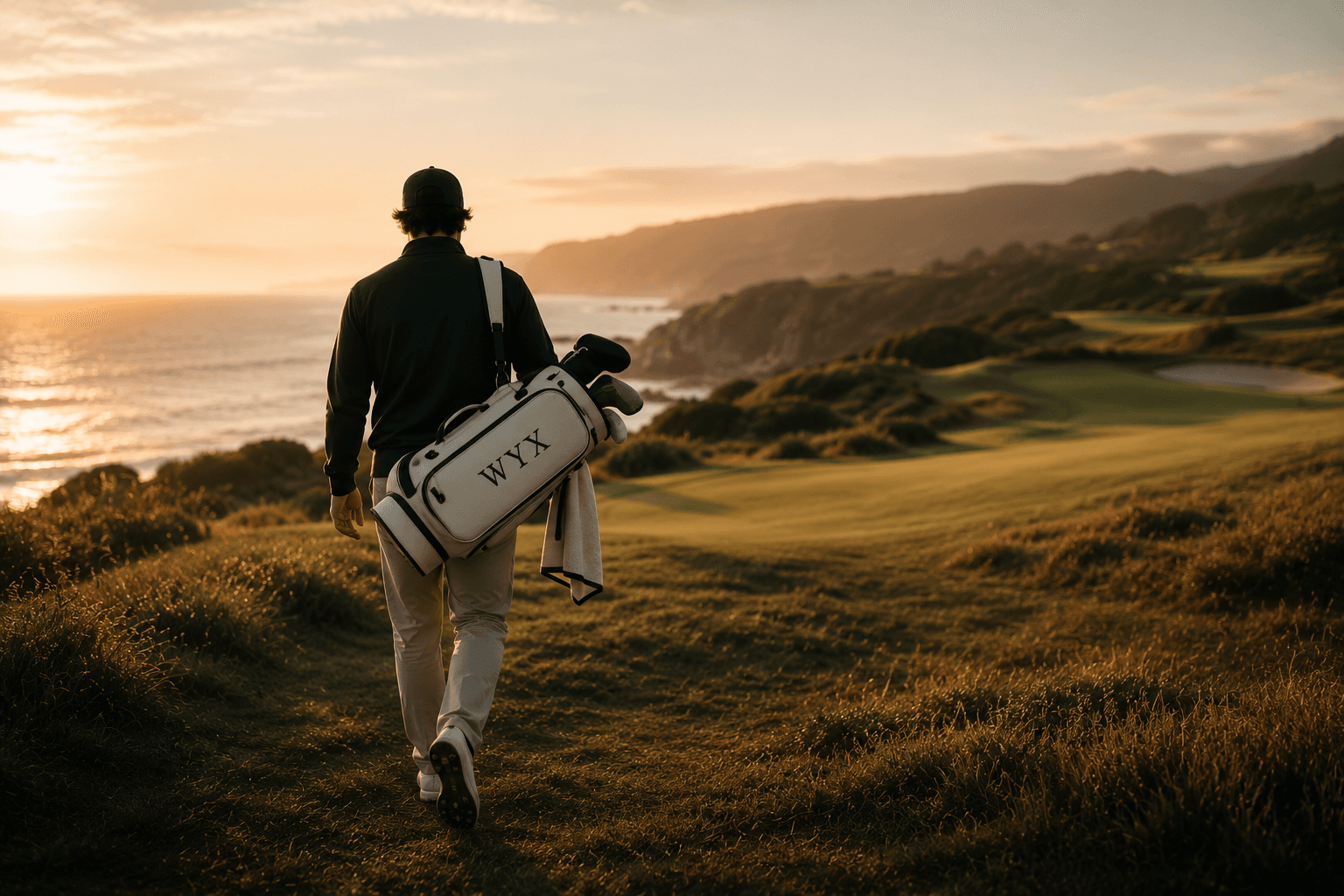 Golfer walking at sunset with coastal hills and sea air